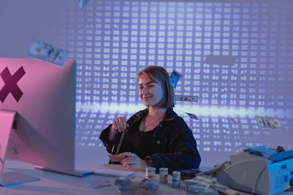 Smiling woman surrounded by digital and physical currency in a tech office setting